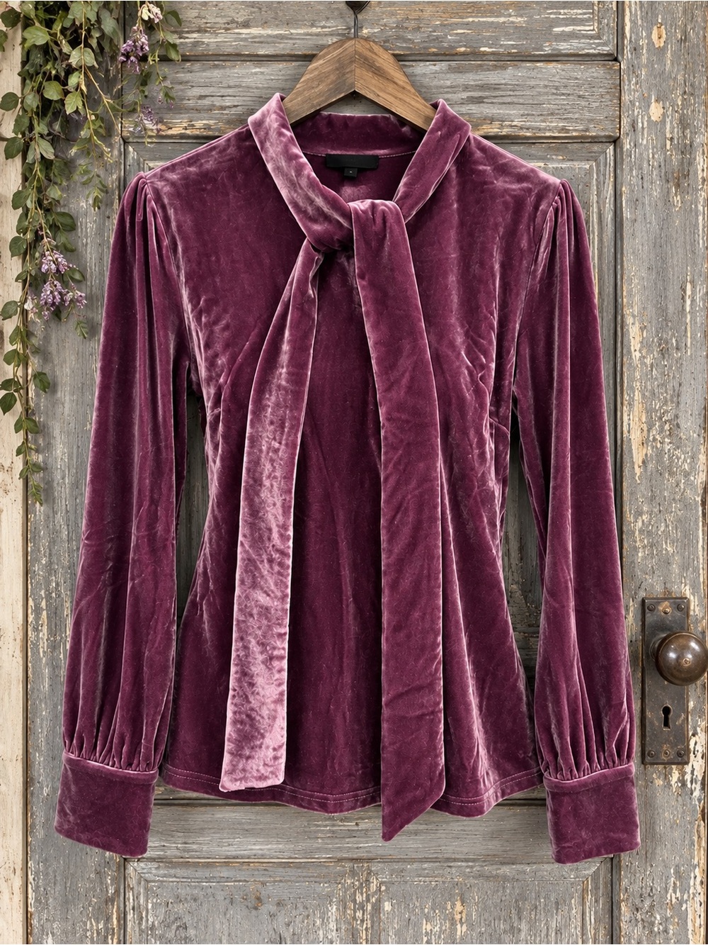 Allegra K Velvet Tie Neck Long Sleeve Top in Purple